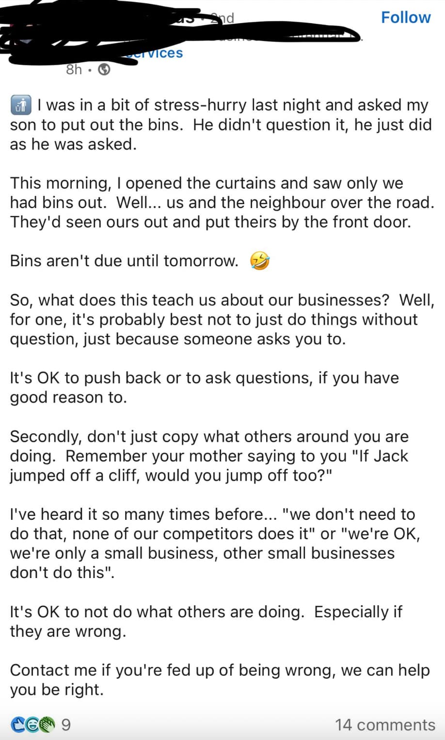 screenshot - nd Services 8h I was in a bit of stresshurry last night and asked my son to put out the bins. He didn't question it, he just did as he was asked. This morning, I opened the curtains and saw only we had bins out. Well... us and the neighbour o